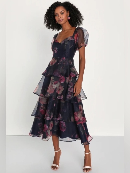 Lulus Dresses & Skirts - Lulus Oh-So Stunning Navy Blue Floral Organza Tiered Midi Dress Size Large